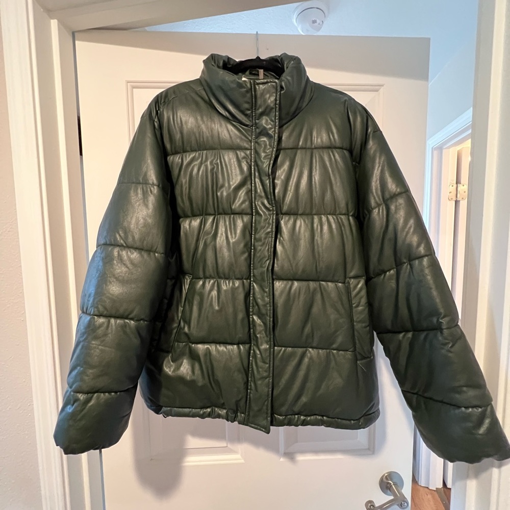 A New Day Womens Faux Leather Puffer Jacket Zip Dark Green